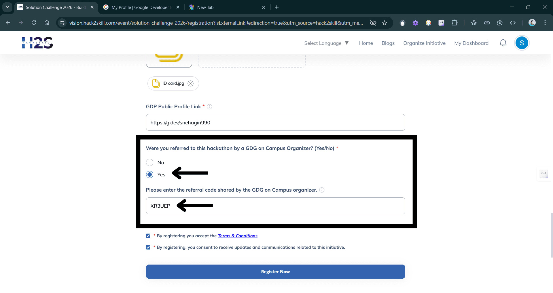 Referral registration screenshot